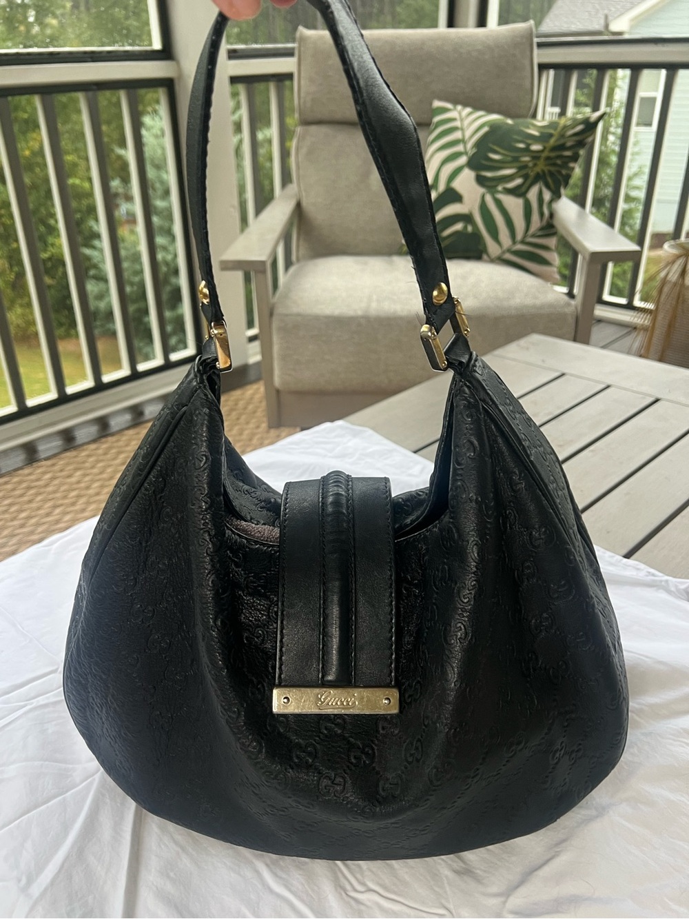 Gucci Black Embossed Leather Shoulder Hobo Bag